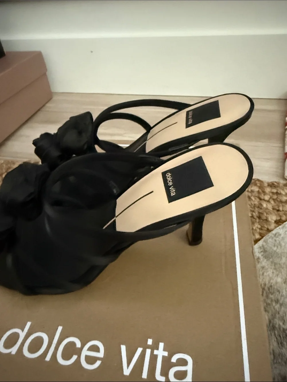 Dolce Vita Black Rose-Accent Strappy Heels